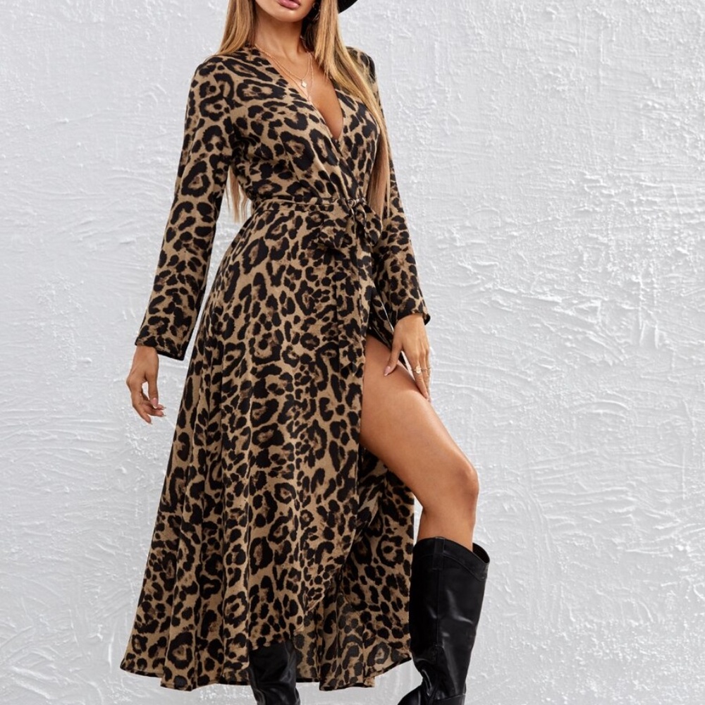 Leopard print wrap maxi long sleeve maxi dress - Picture 5 of 7